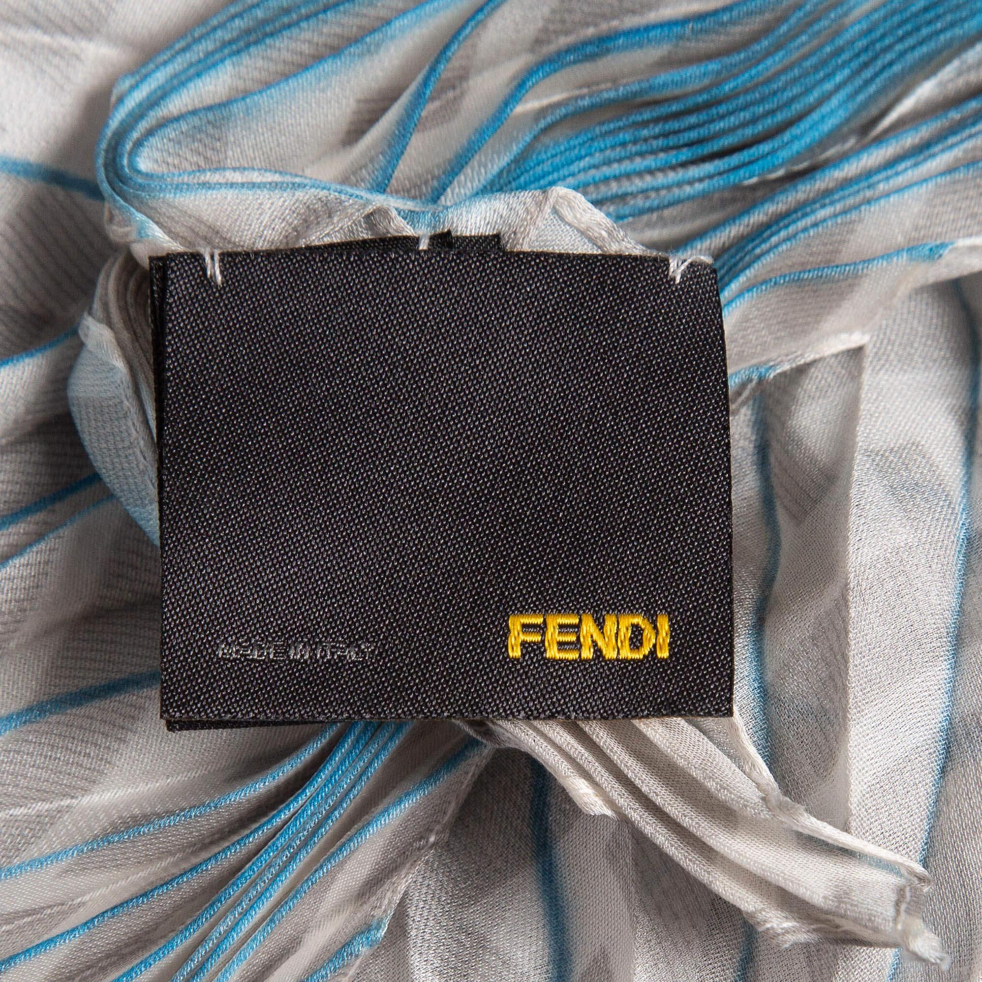 Fendi Grey/Blue Stripe Zucca Print Satin Plisse Stole In Excellent Condition In Dubai, Al Qouz 2