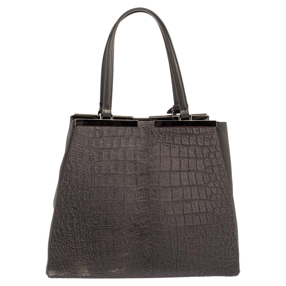 Black Fendi Grey Calf Hair and Leather Large 3Jours Tote