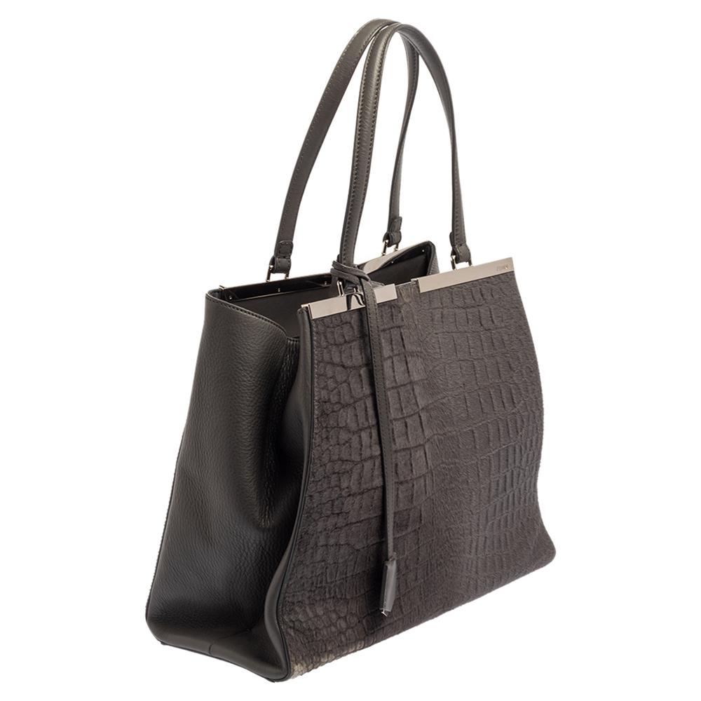 Fendi Grey Calf Hair and Leather Large 3Jours Tote In Good Condition In Dubai, Al Qouz 2