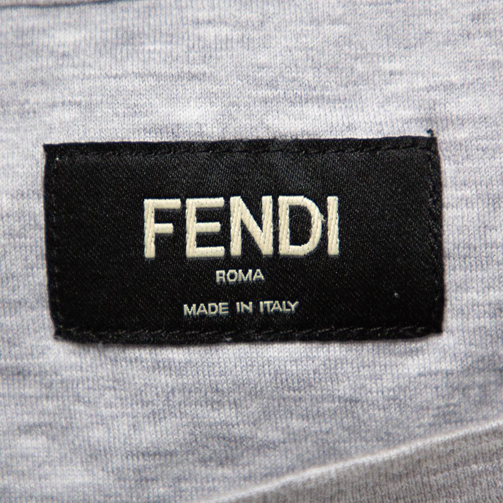 Fendi Grey Cotton Monster Eyes Leather Patch Detail Crewneck T-Shirt ...