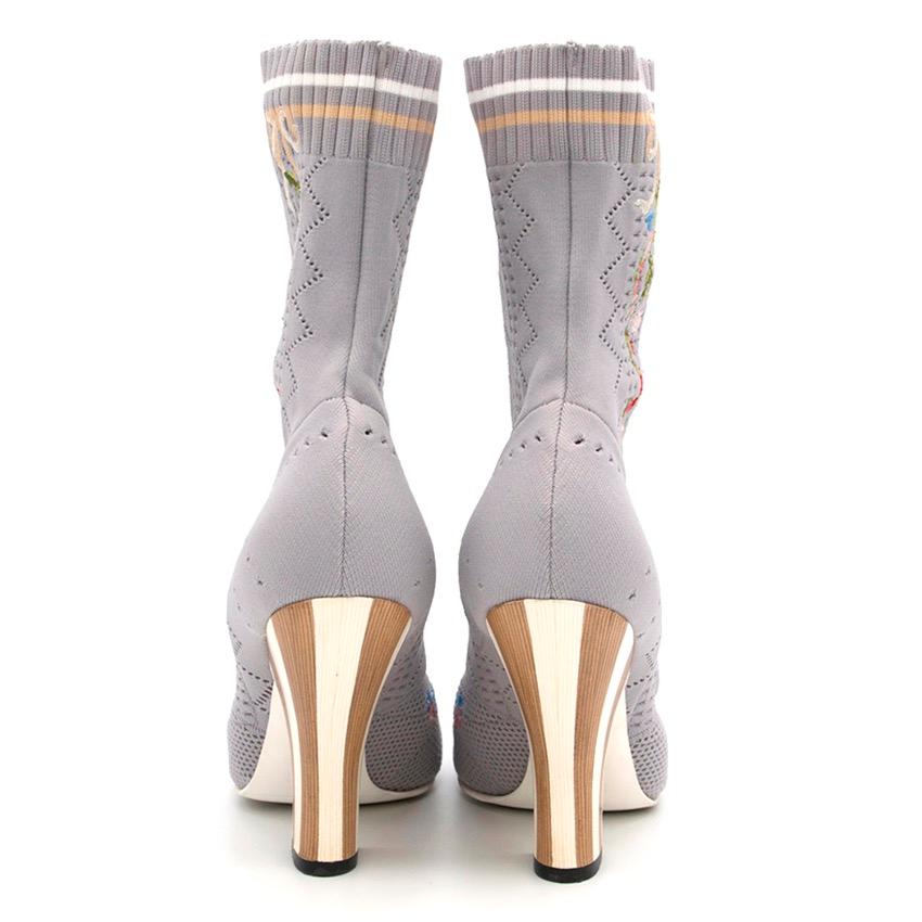 Gray Fendi Grey Embroidered Stretch Knit Ankle Boots US 5.5
