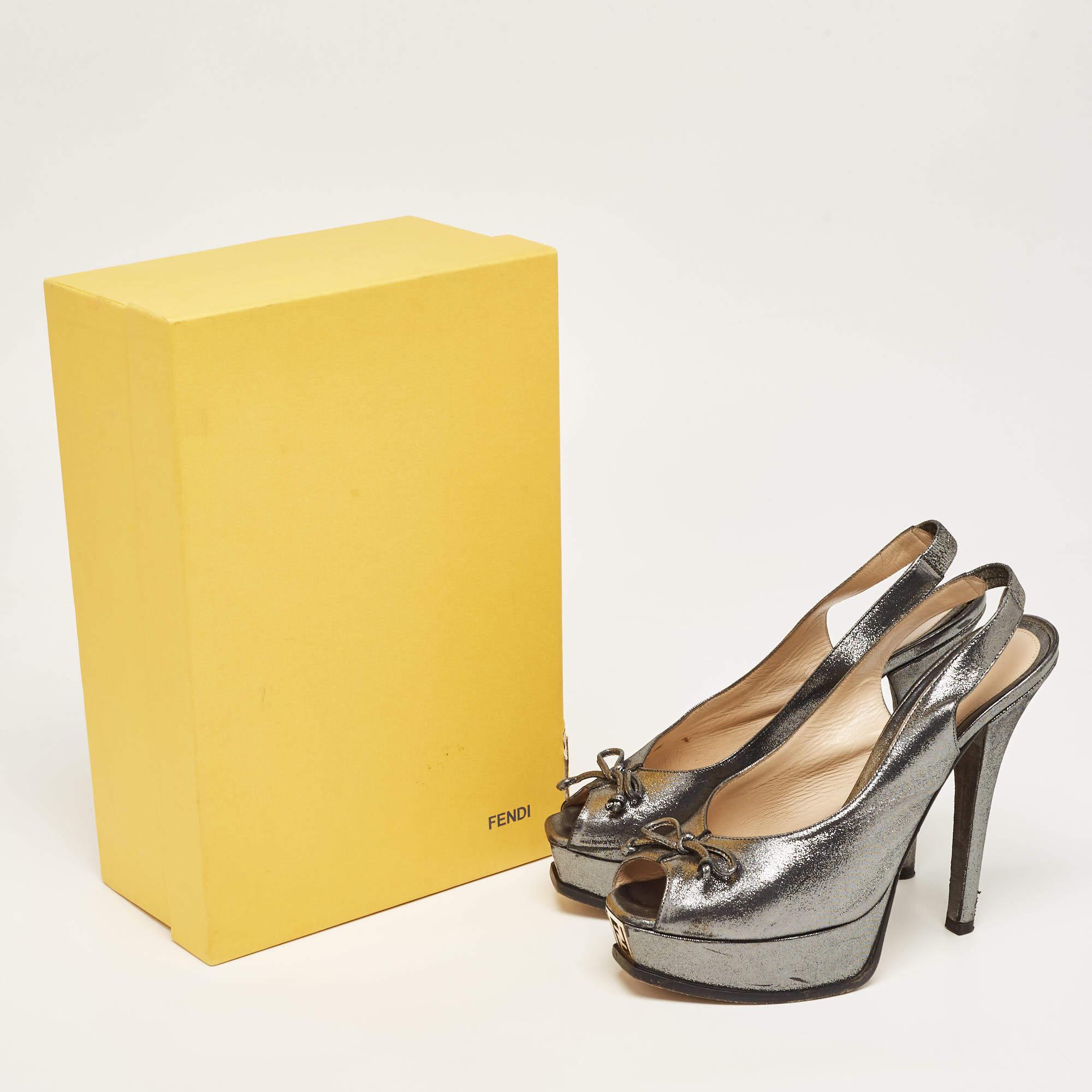 Fendi Grey Fabric Fendista Bow Peep Toe Slingback Platform Pumps Size 40 For Sale 6