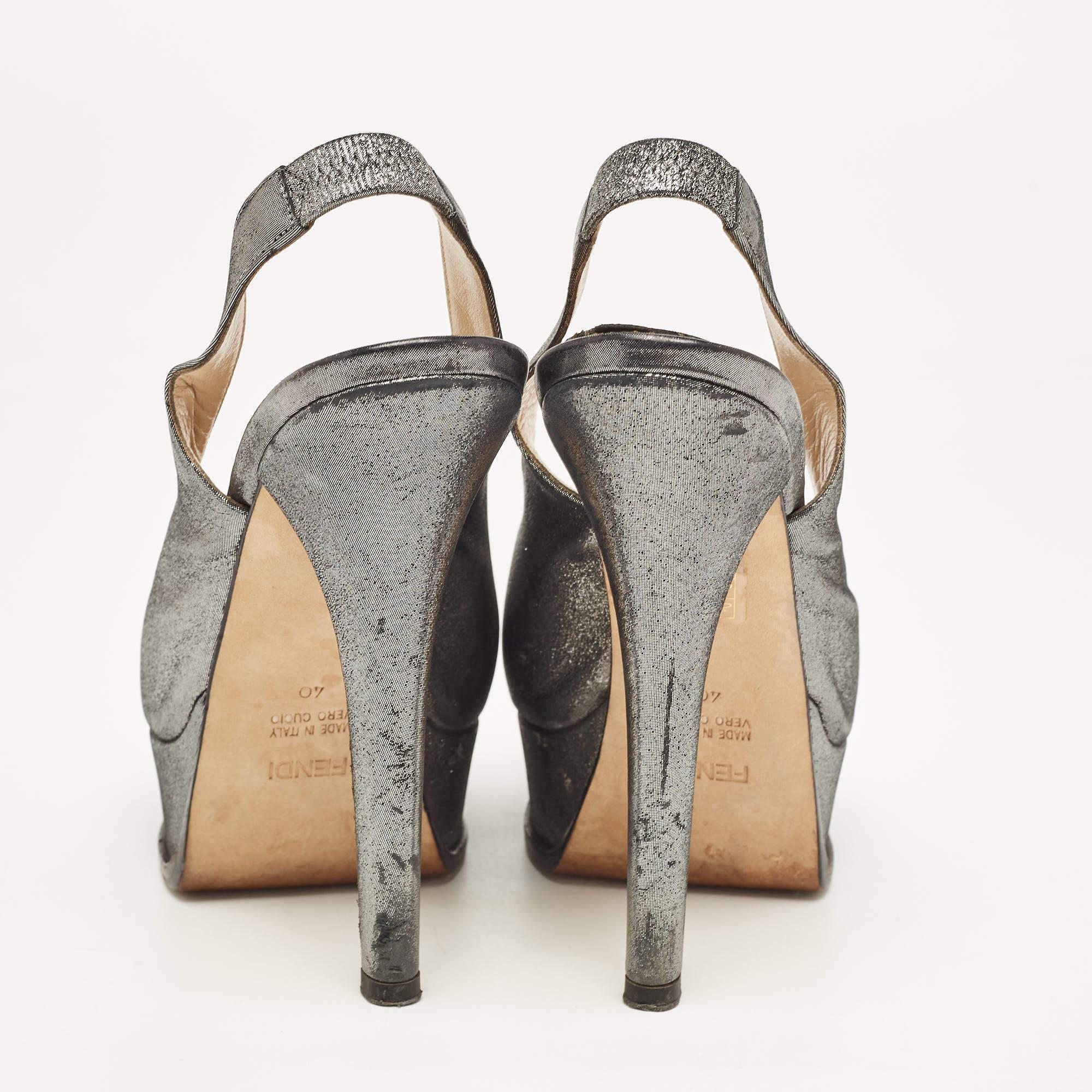 Fendi Grey Fabric Fendista Bow Peep Toe Slingback Platform Pumps Size 40 For Sale 2