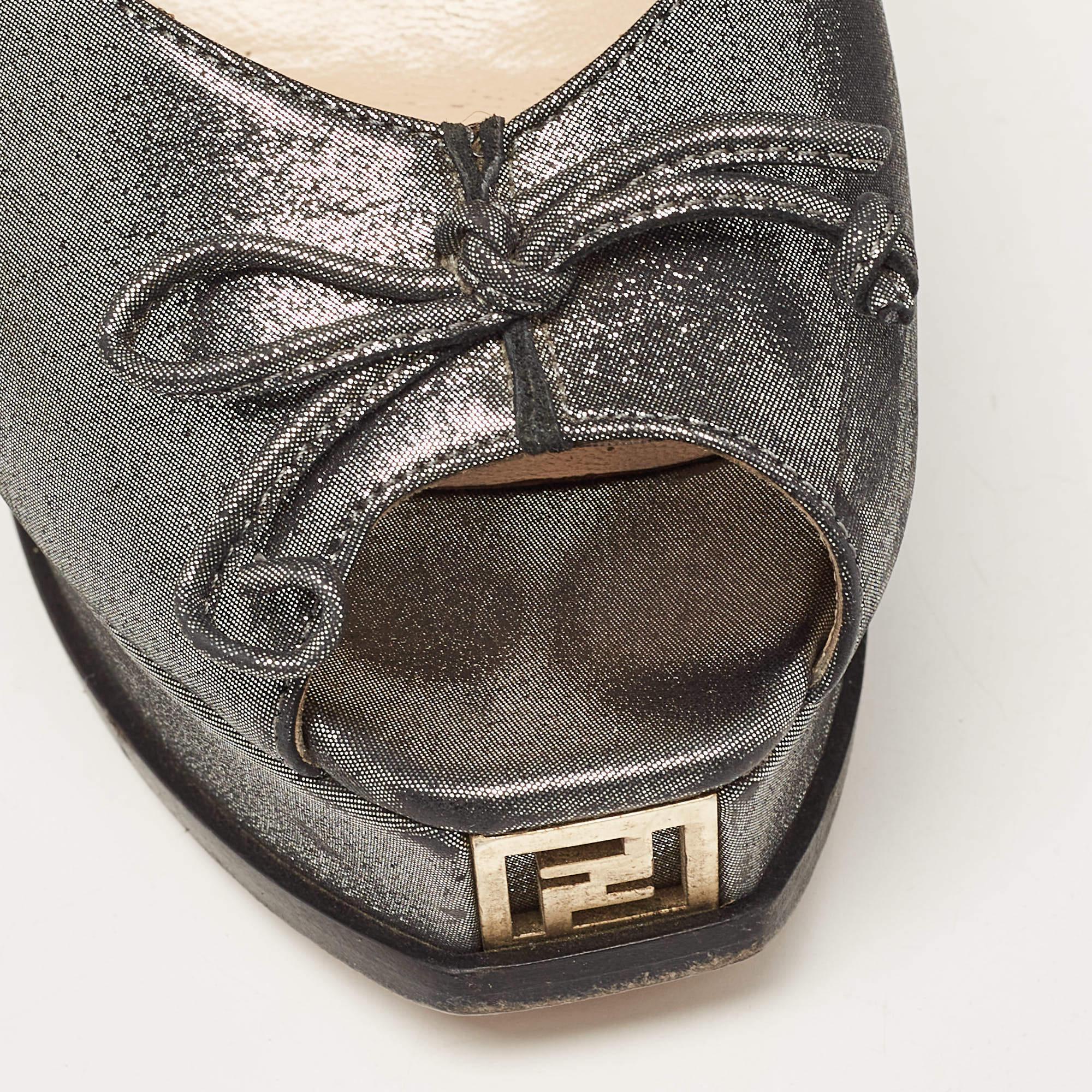 Fendi Grey Fabric Fendista Bow Peep Toe Slingback Platform Pumps Size 40 For Sale 4