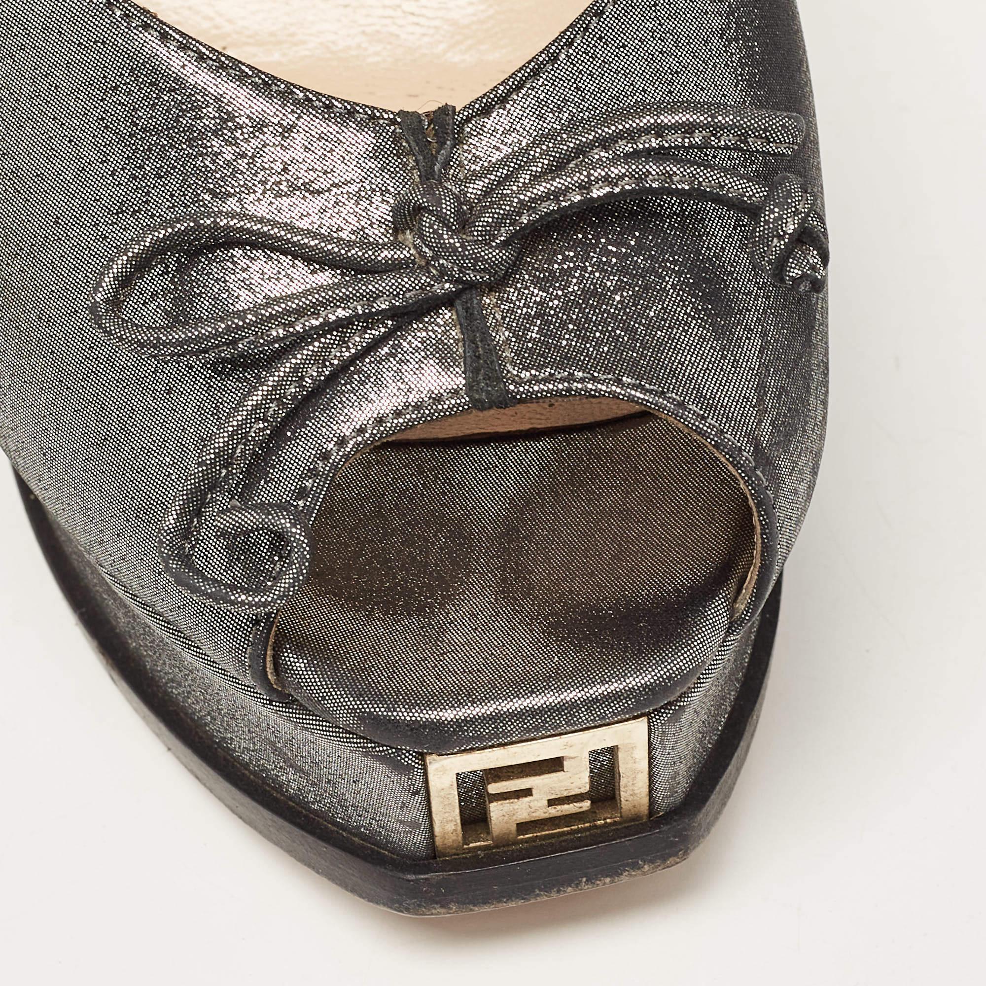 Fendi Grey Fabric Fendista Bow Peep Toe Slingback Platform Pumps Size 40 For Sale 3