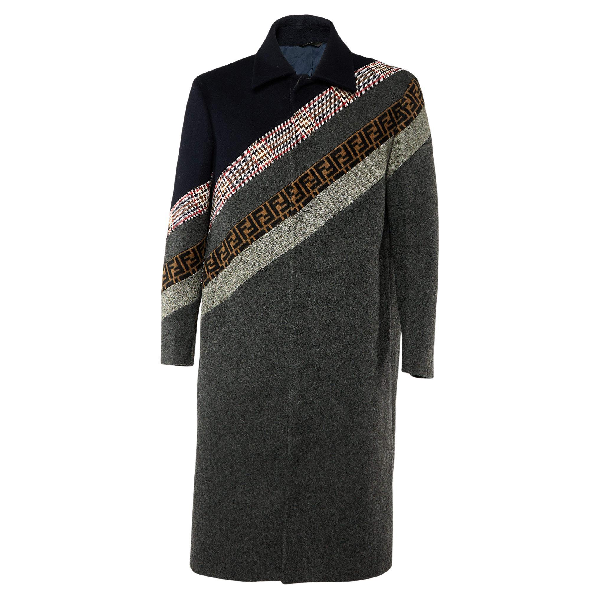 Fendi Grey FF Paneled Wool Mid Length Coat L For Sale