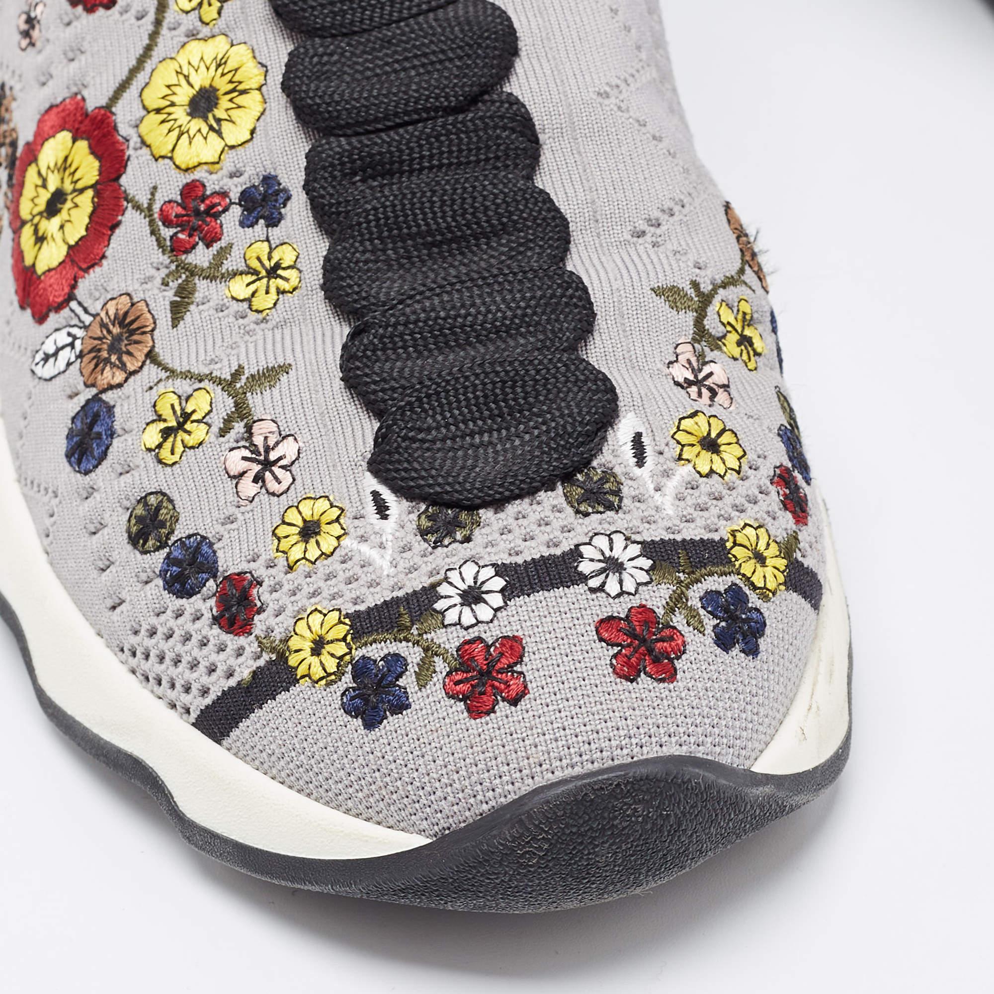 Fendi Grey Floral Embroidered Knit Fabric Slip On Sneakers Size 38 For Sale 1