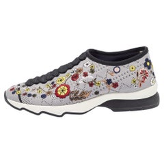 Fendi Grey Floral Embroidered Knit Fabric Slip On Sneakers Size 38