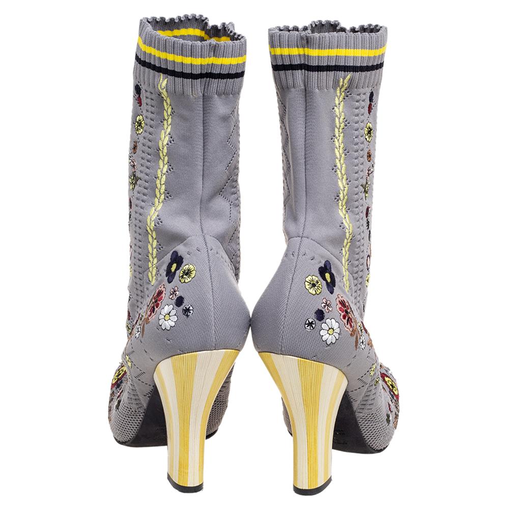 Gray Fendi Grey Floral Embroidered Knit Fabric Sock Ankle Boots Size 40