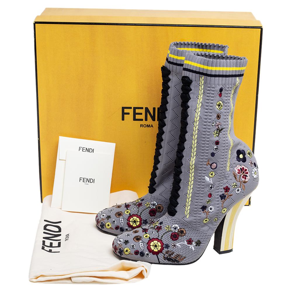 Women's Fendi Grey Floral Embroidered Knit Fabric Sock Ankle Boots Size 40
