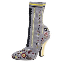 Fendi Grey Floral Embroidered Knit Fabric Sock Ankle Boots Size 40