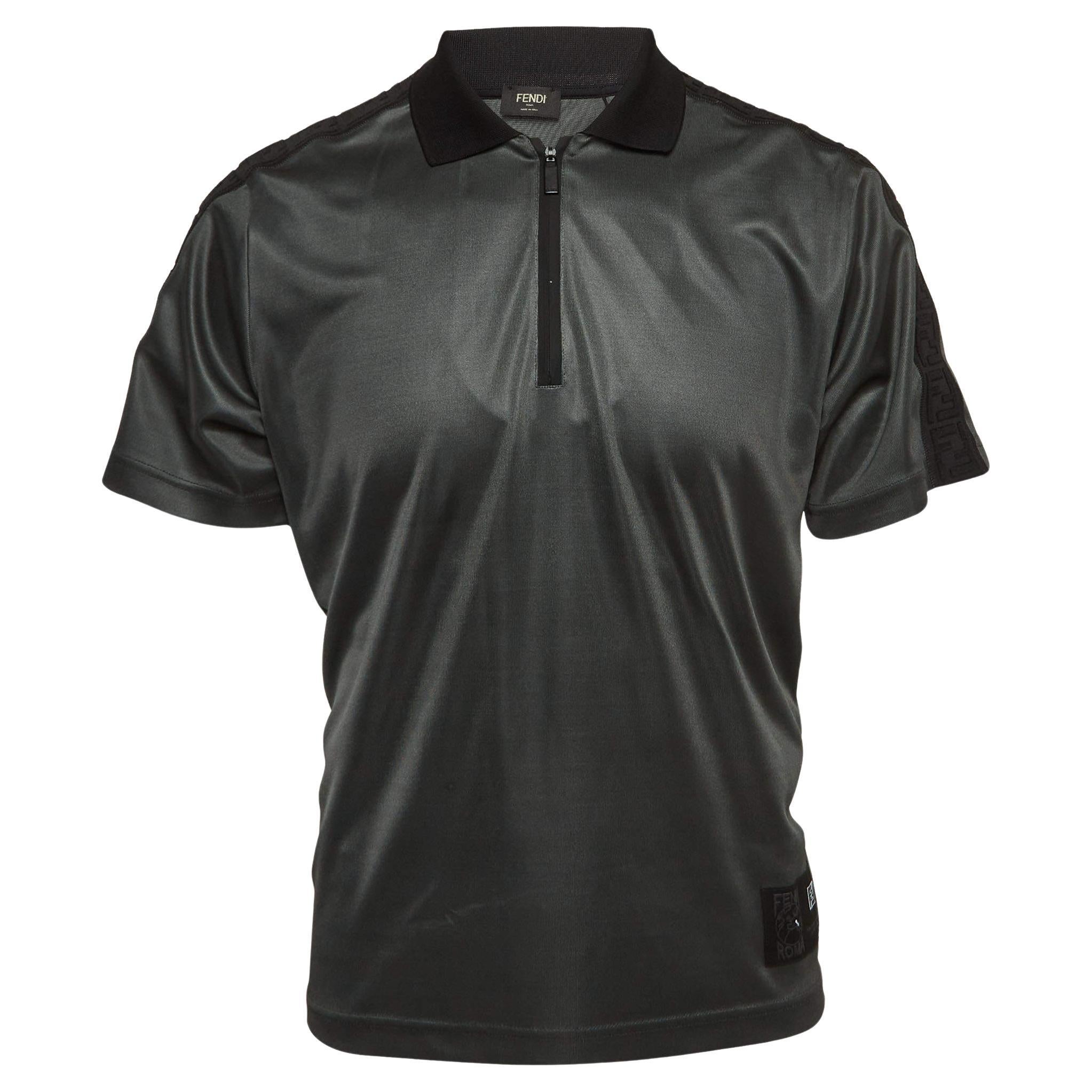 Fendi Grey Jersey Logo Detail Polo T-Shirt M For Sale
