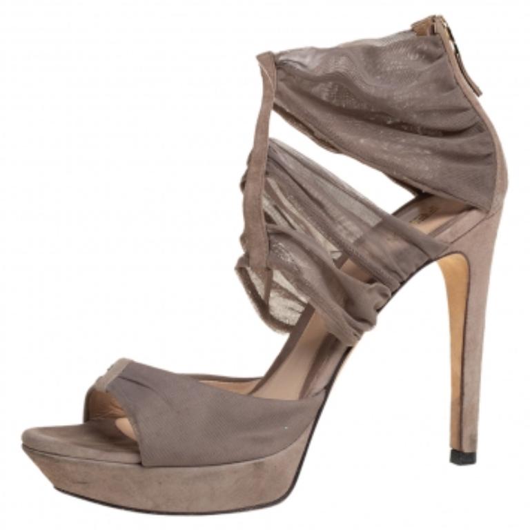 Women's Fendi Grey Lace and Suede Platform Sandals Size 37.5 For Sale