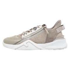 Fendi Grey Leather and Zucca Canvas Flow Sneakers Size 42