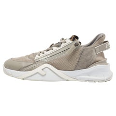 Fendi Grey Leather and Zucca Canvas Flow Sneakers Size 45