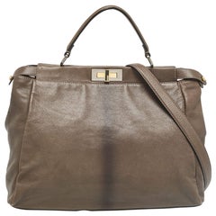 Fendi Grey Leather Large Peekaboo Top Handle Bag