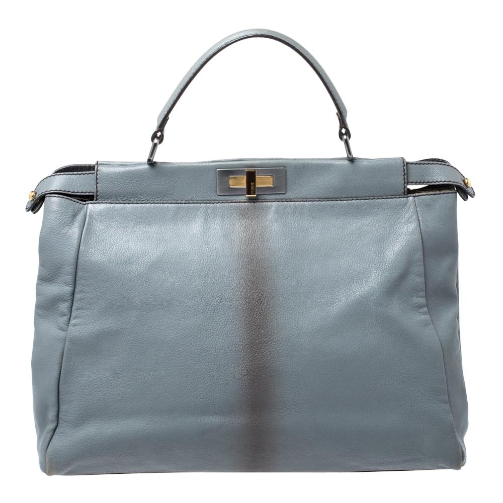 Fendi Grey Leather Large Peekaboo Top Handle Bag