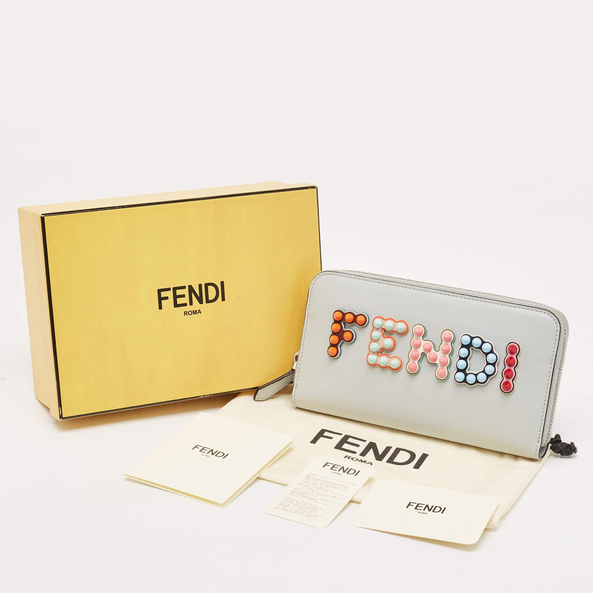 Fendi Grey Leather Logo Studded Zip Around Wallet For Sale 9
