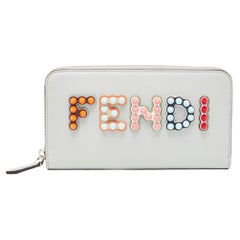 Fendi Grey Leather Logo Studded Zip Around Wallet