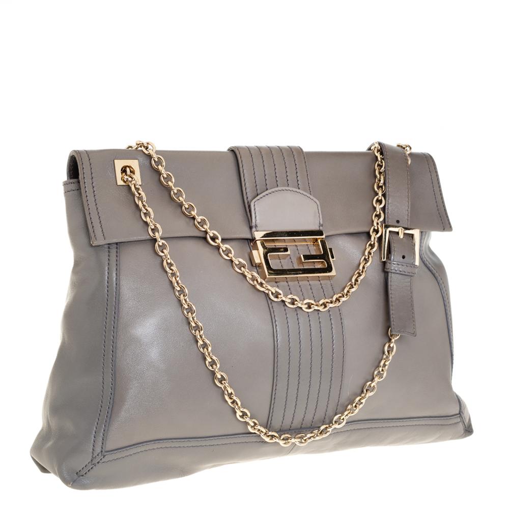 Gray Fendi Grey Leather Maxi Baguette Flap Shoulder Bag