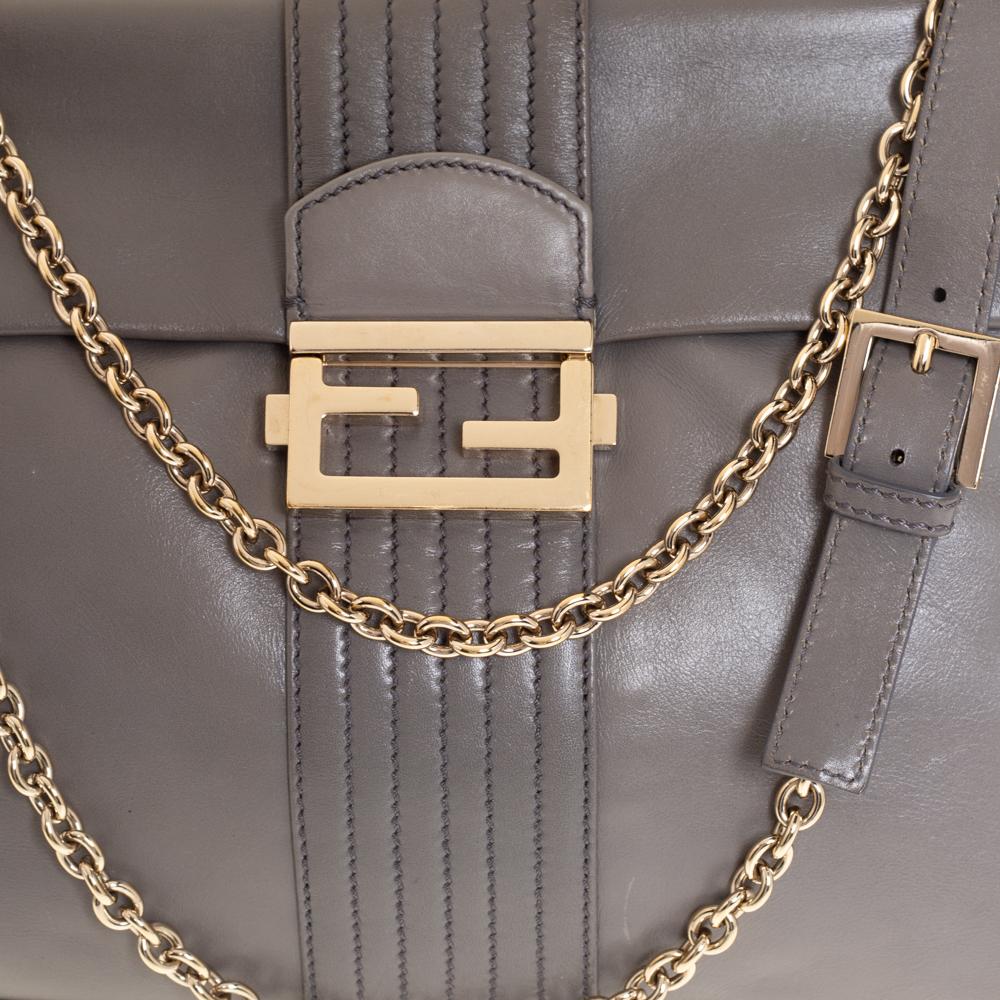 Women's Fendi Grey Leather Maxi Baguette Flap Shoulder Bag