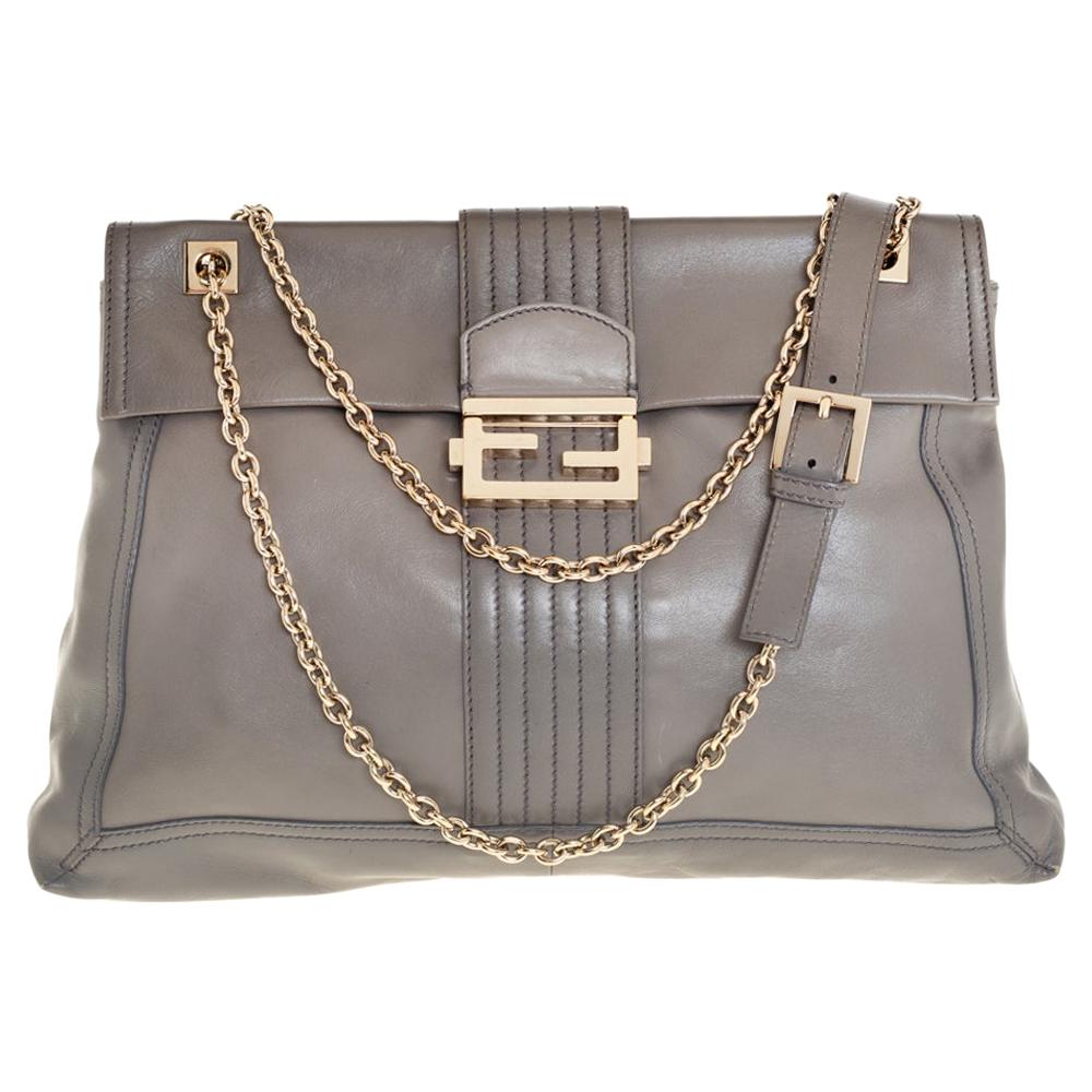 Fendi Grey Leather Maxi Baguette Flap Shoulder Bag