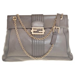 Fendi Grey Leather Maxi Baguette Flap Shoulder Bag