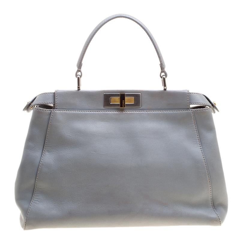 Gray Fendi Grey Leather Medium Peekaboo Top Handle Bag