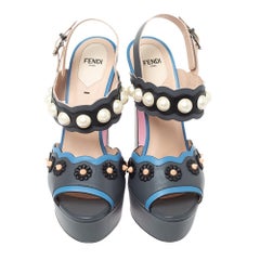Fendi Grey Leather Pearl Studded Platform Ankle Strap Sandals Size 39