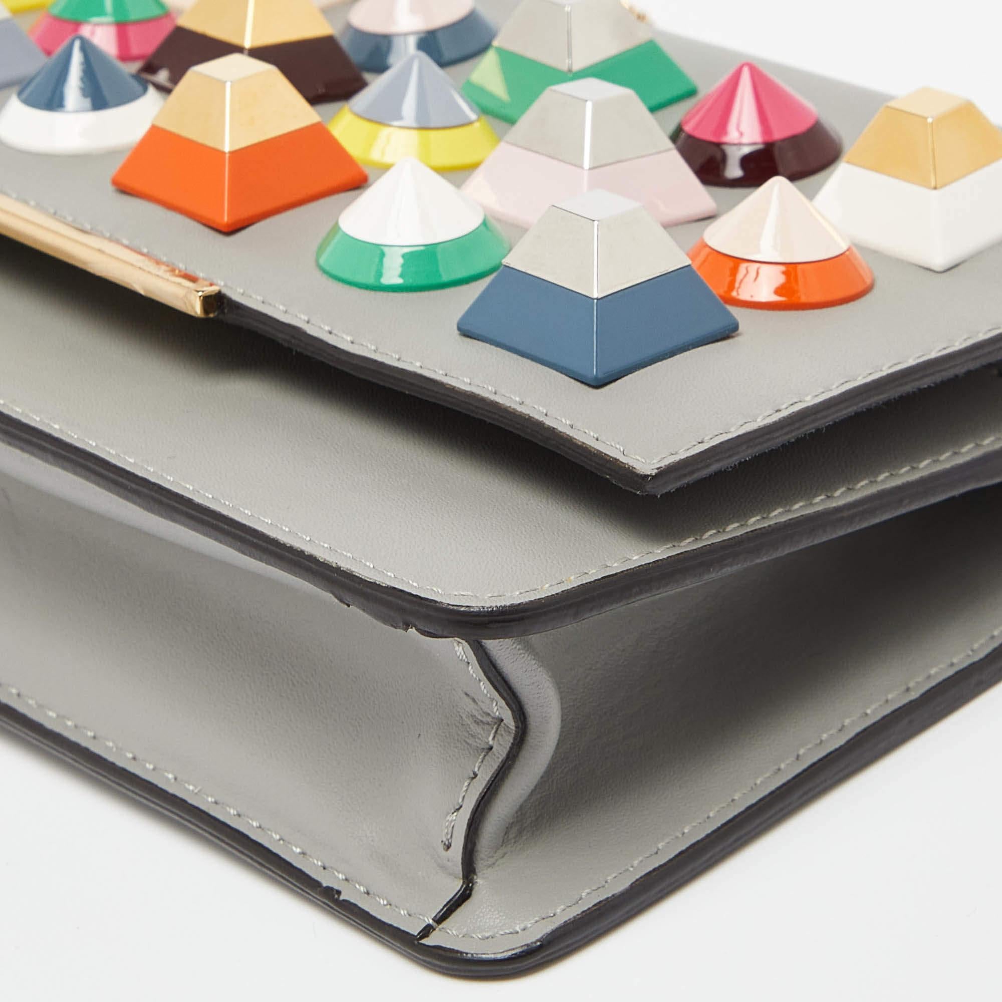 Fendi Grey Leather Rainbow Stud Tube Wallet On Chain 4