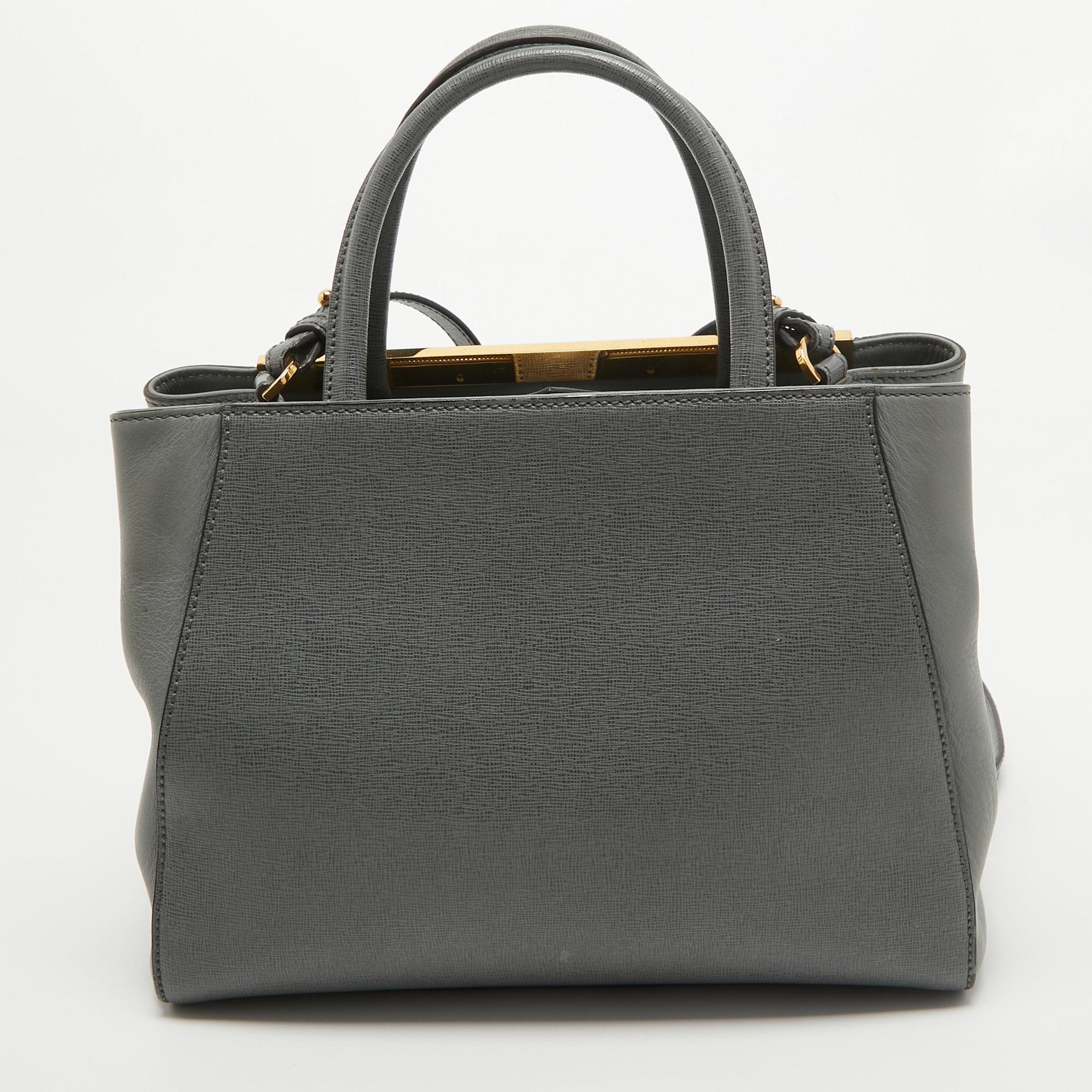 Fendi Grey Leather Small 2Jours Tote For Sale 7