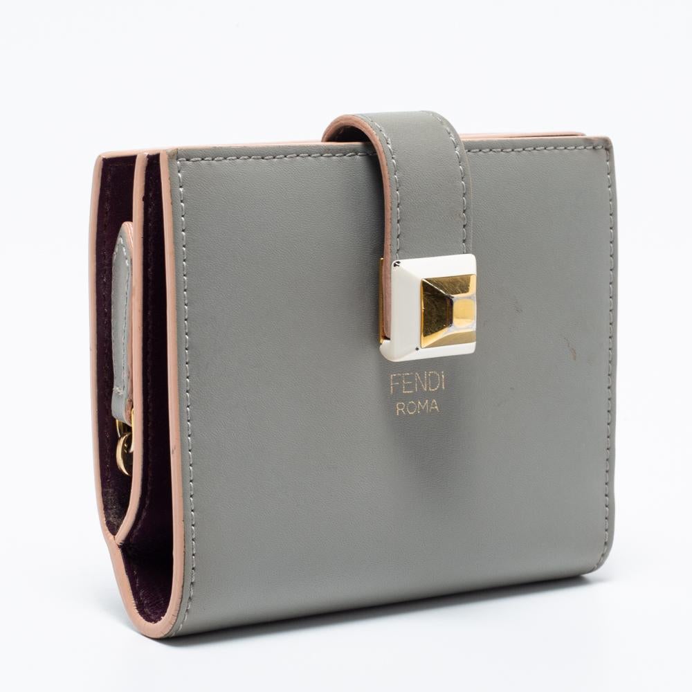 Gray Fendi Grey Leather Stud French Compact Wallet