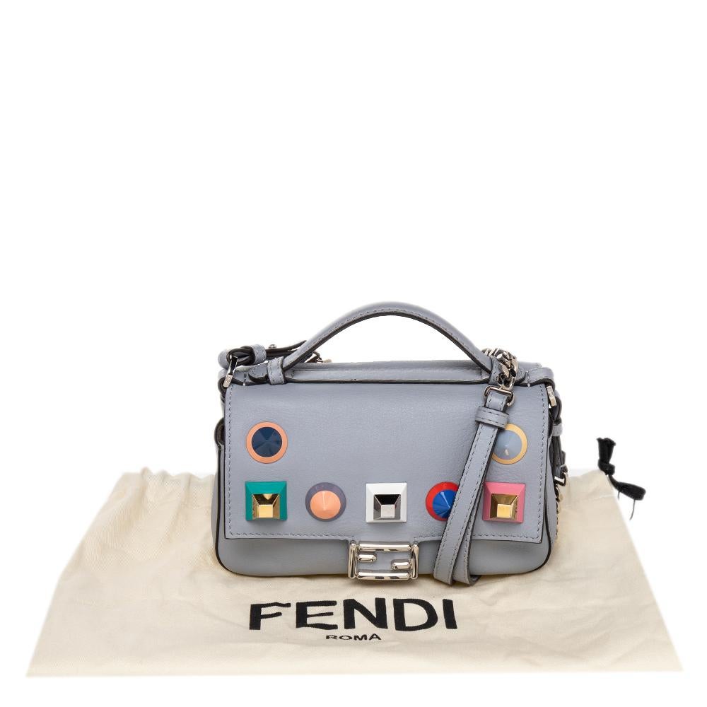 Fendi Grey Leather Studded Double Micro Baguette Shoulder Bag 9