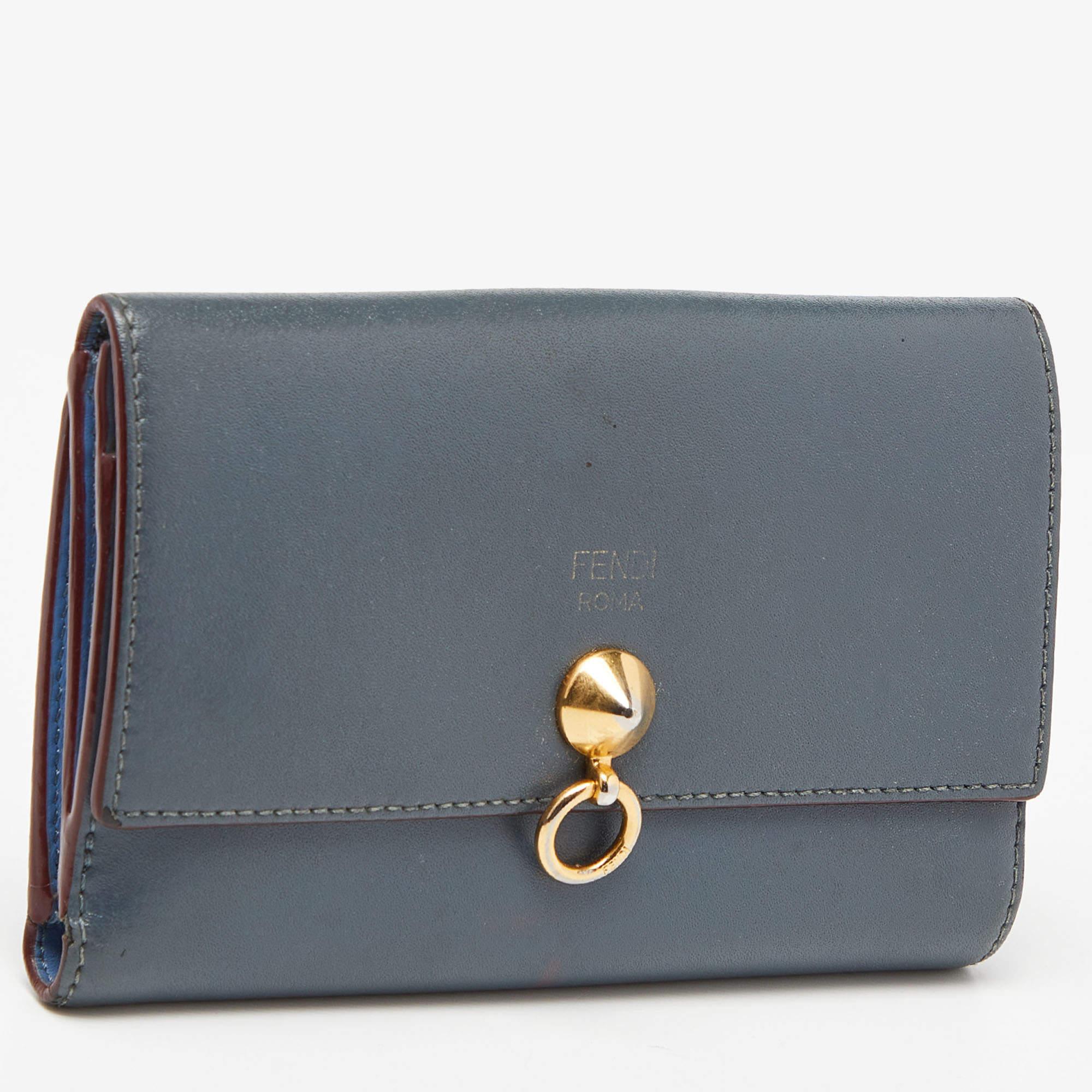 Gray Fendi Grey Leather Trifold Compact Wallet For Sale