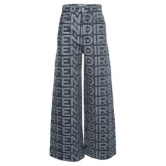 Fendi Grey Logo Embossed Denim High Waist Wide Leg Jeans XS Waist 26"