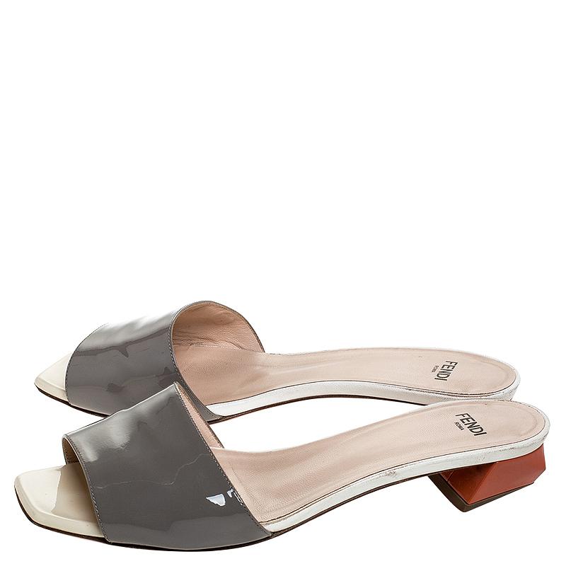 Gray Fendi Grey Patent Leather Slide Sandals Size 37.5