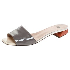 Fendi Grey Patent Leather Slide Sandals Size 37.5