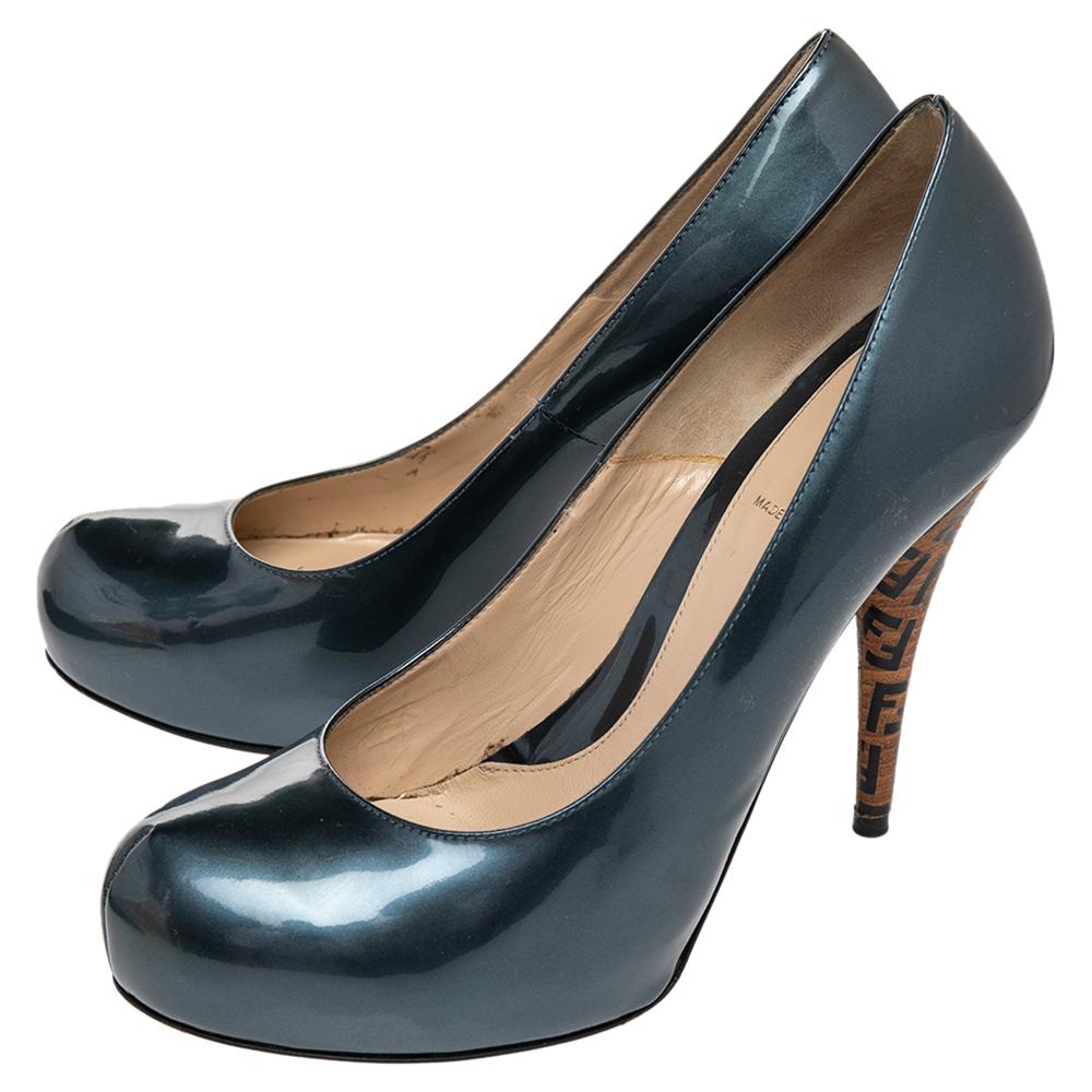 Women's Fendi Grey Patent Leather Zucca Heel Platform Pumps Size 40.5