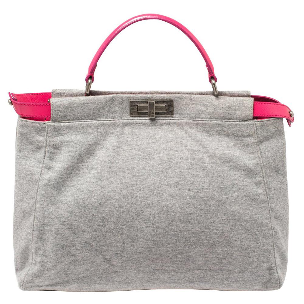Fendi Grey/Pink Jersey and Leather Large Limited Edition Peekaboo Top Handle Bag