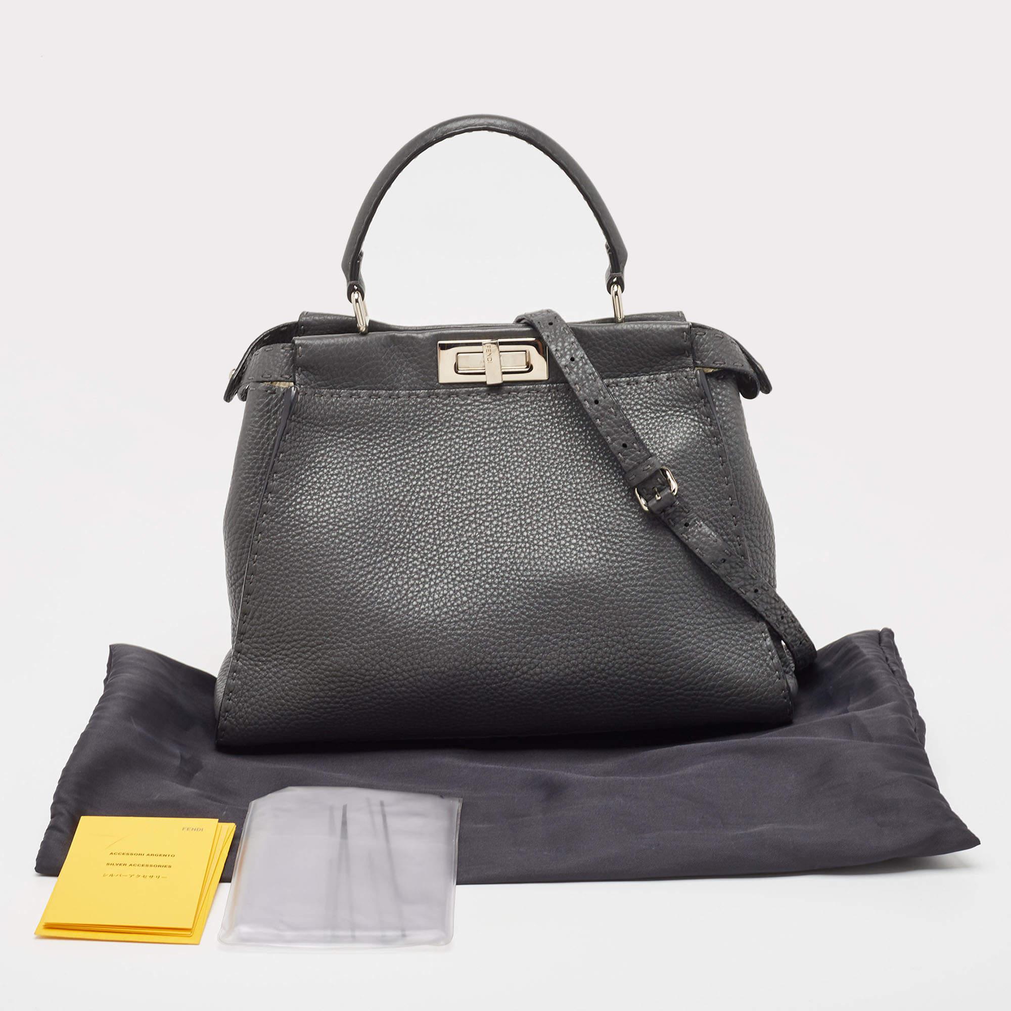 Fendi Grey Selleria Leather Medium Peekaboo Top Handle Bag For Sale 10