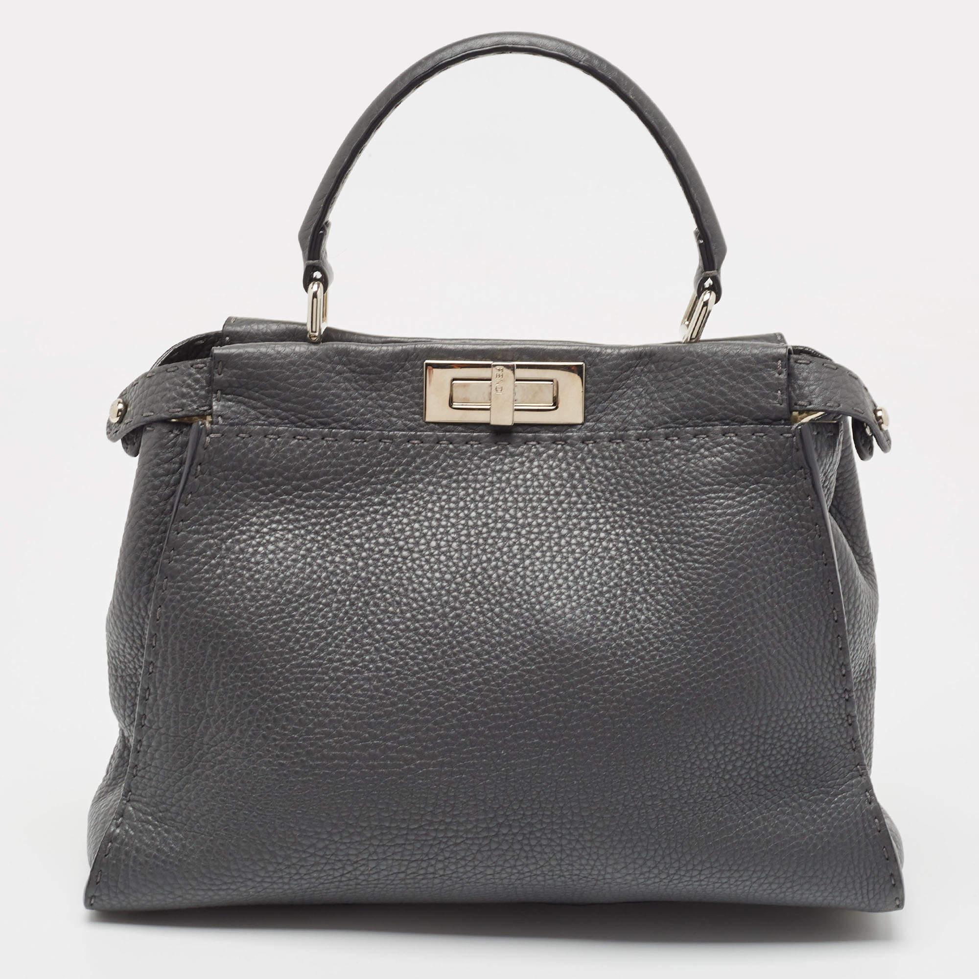 Fendi Grey Selleria Leather Medium Peekaboo Top Handle Bag For Sale 3