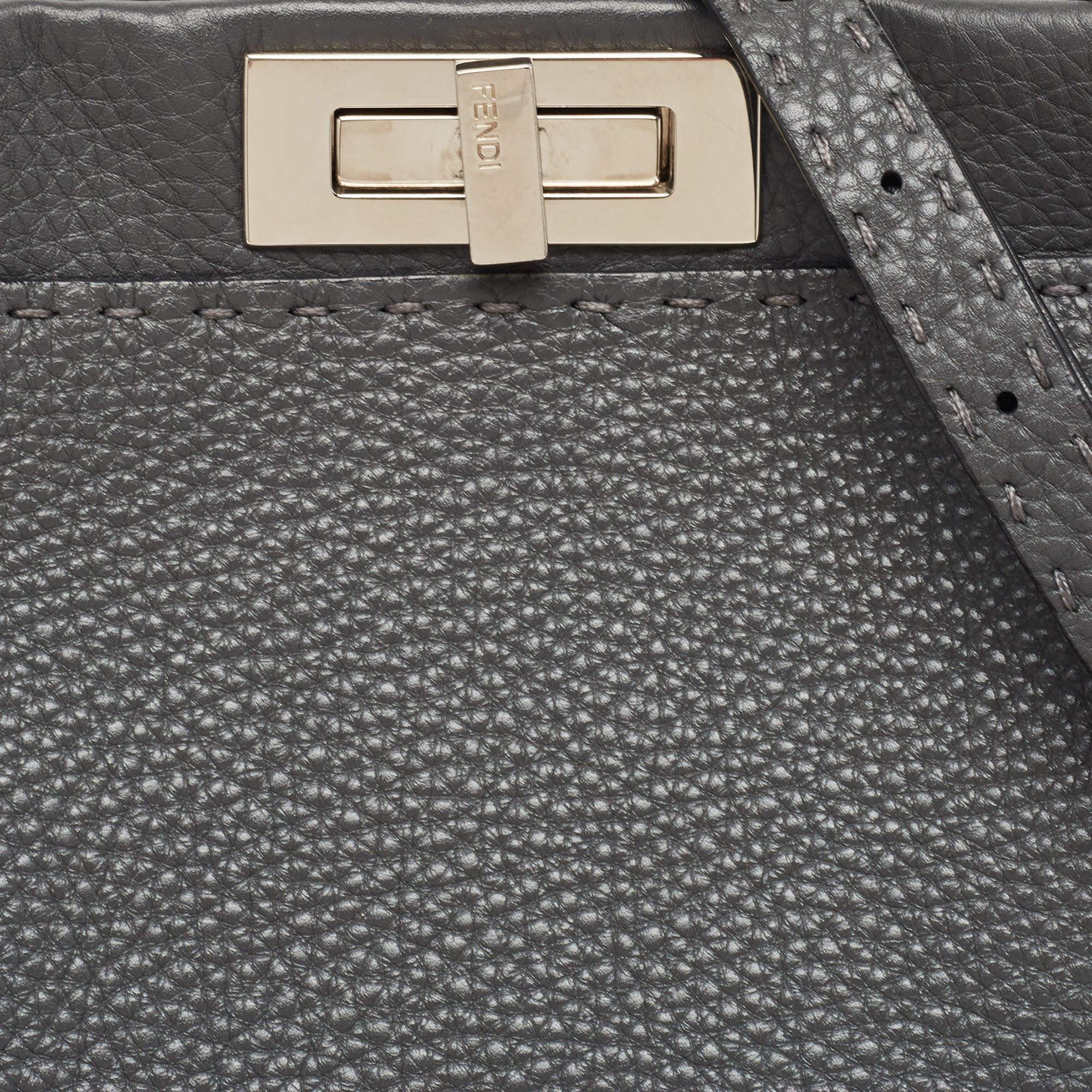 Fendi Grey Selleria Leather Medium Peekaboo Top Handle Bag For Sale 4