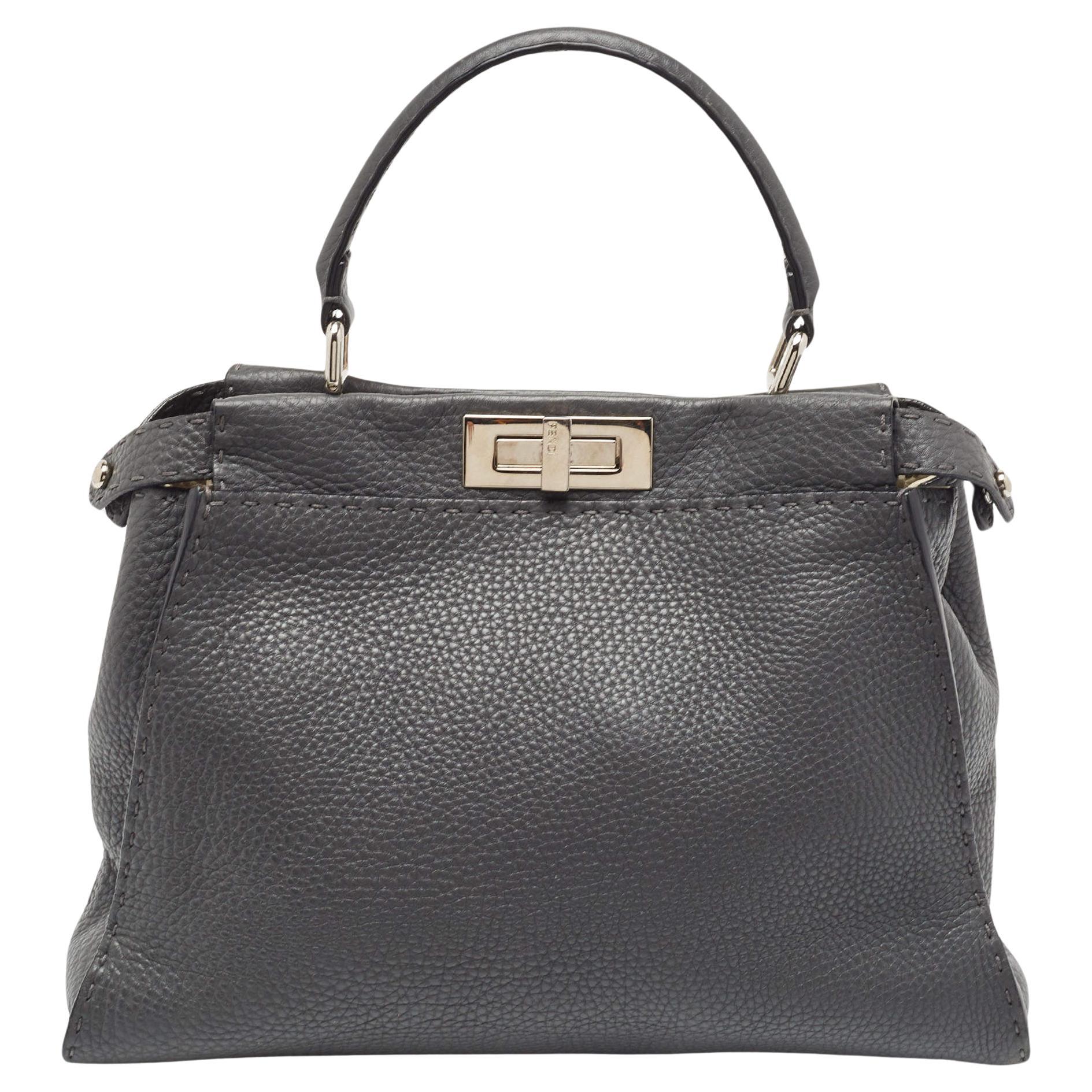 Fendi Grey Selleria Leather Medium Peekaboo Top Handle Bag For Sale