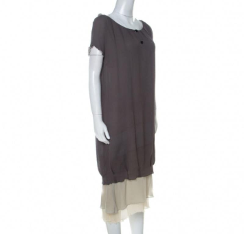 Fendi Graue Seide Ombre Pelz Detail Lagenkleid mit kurzen Ärmeln M (Schwarz) im Angebot