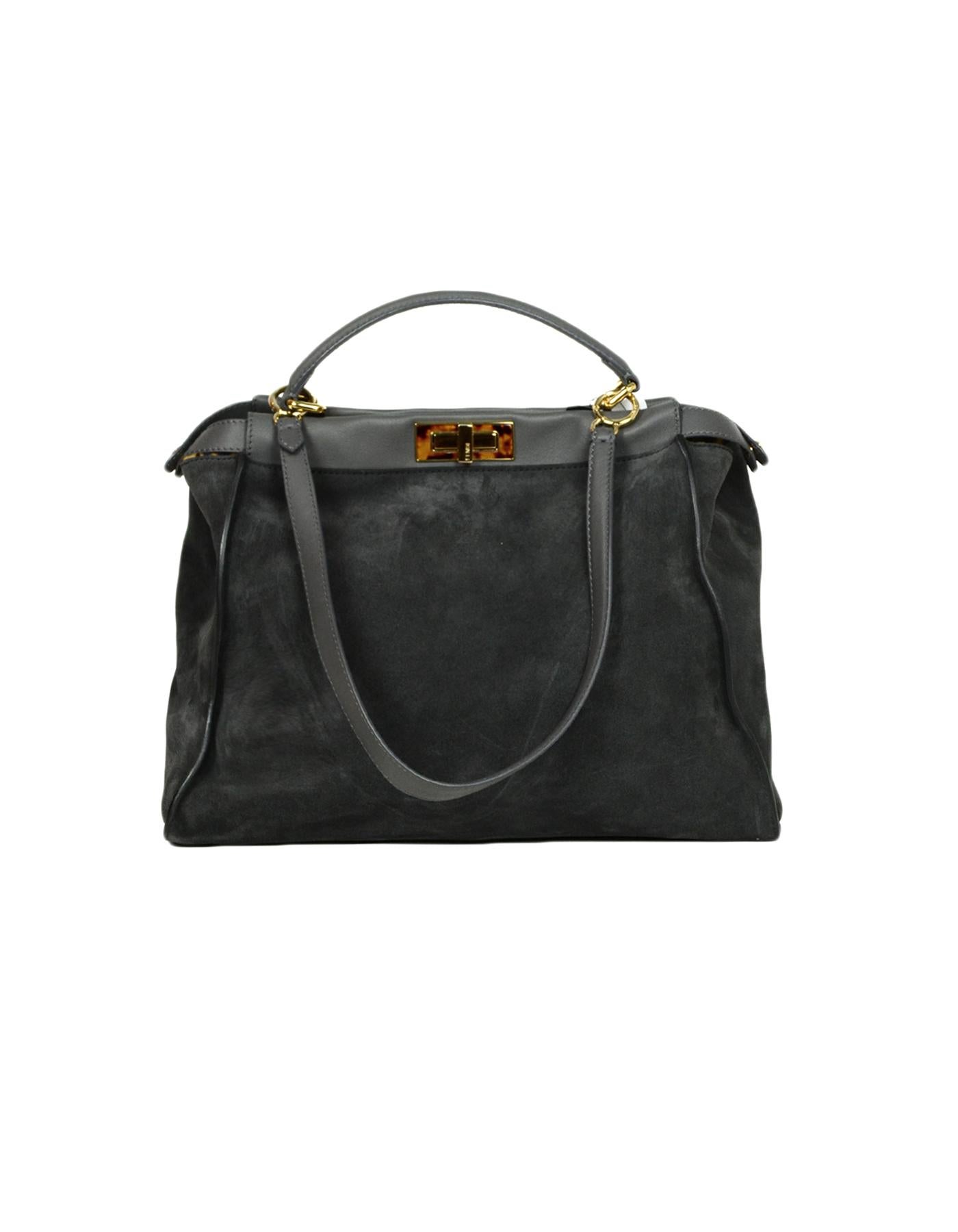 Fendi Grey Suede Large Peekaboo Bag w. Leopard Print Calf Hair Interior rt $4950 In Excellent Condition In New York, NY