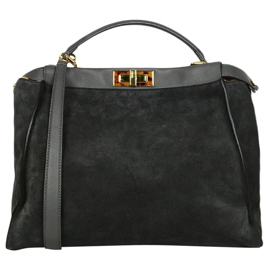 Fendi Grey Suede Large Peekaboo Bag w. Leopard Print Calf Hair Interior rt $4950