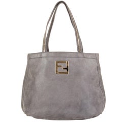 FENDI grey suede LOGO & CHAIN LINK HANDLE Hobo Shoulder Bag