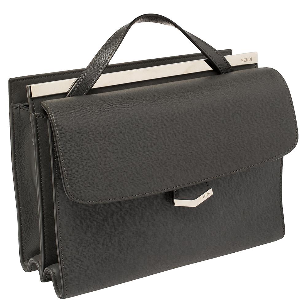 Fendi Grey Textured Leather Small Demi Jour Top Handle Bag In Good Condition In Dubai, Al Qouz 2
