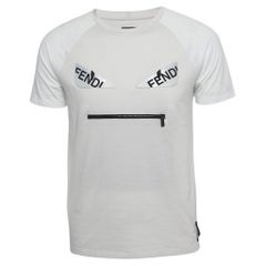 Fendi Grey/White Cotton Logo Patch Crew Neck T-Shirt S