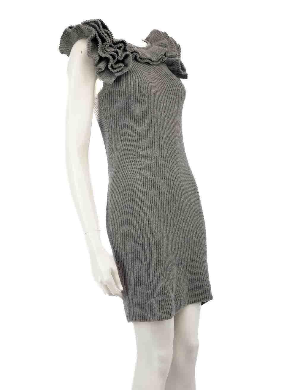 CONDITION is Very good. Hardly any visible wear to dress is evident on this used Fendi designer resale item.
 
 
 
 Details
 
 
 Grey
 
 Wool
 
 Knit dress
 
 Mini
 
 Sleeveless
 
 Ruffle detail
 
 Round neck
 
 
 
 
 
 Made in Italy
 
 
 
